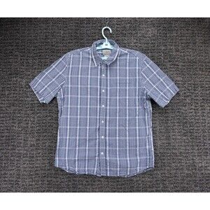 LL Bean Shirt Mens Medium Blue Plaid Slightly Fitted Short Sleeve Seersucker